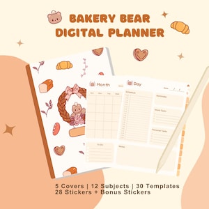 Cute Bear Bakery Digital Planner | Goodnotes Hyperlinked | Modelos de anotações | Caderno | Pão | Adesivos Kawaii | Estética japonesa