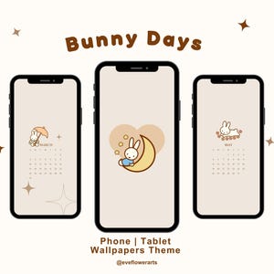 Puede incluir: Tres fondos de pantalla para teléfono con un lindo conejito de color marrón y blanco. Los fondos de pantalla muestran un calendario para marzo, mayo y un conejito durmiendo en una luna creciente.