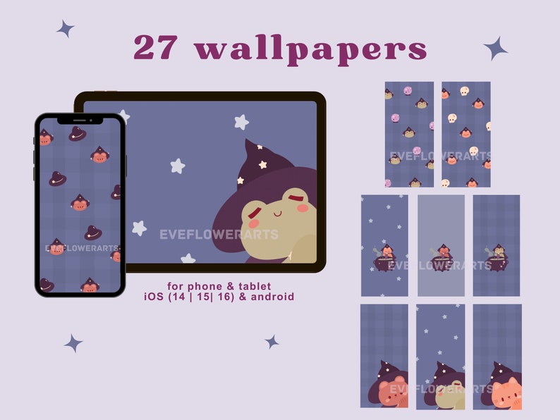 Witchy Cat Bear Frog Halloween Phone Tablet Wallpapers & App Icons Hand