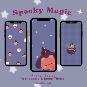 May include: Three smartphones displaying Halloween-themed wallpapers. The screens feature illustrations of skulls, witches, and a bear in a witch hat. The text "Spooky Magic" and "Phone | Tablet Wallpapers & Icons Theme" are visible.