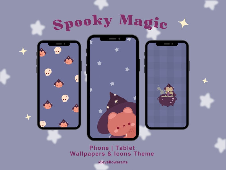 Witchy Cat Bear Frog Halloween Phone Tablet Wallpapers & App Icons Hand