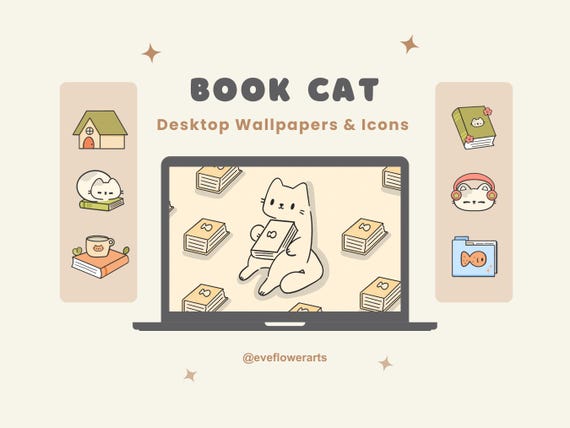 Cute Cat Desktop Wallpapers & Icons Book Theme | MAC OS | Windows PC | Android | iPhone | Japanese Aesthetic | Kawaii |  Wallpaper Organizer