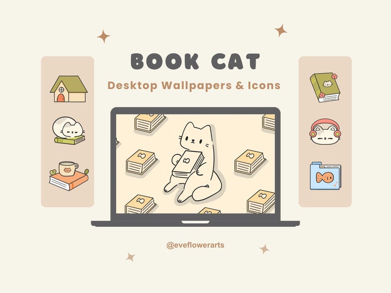 Lindos fondos de pantalla y íconos de gato para escritorio, tema de libro / MAC OS / PC con Windows / Android / iPhone / Estética japonesa / Kawaii / Organizador de fondos de pantalla imagen 1