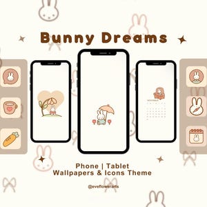Fondos de pantalla e iconos de conejito para teléfono y tableta / Estética minimalista japonesa / iOS / Android / Miffy / iPad / iPhone / Kawaii / Calendario 2025