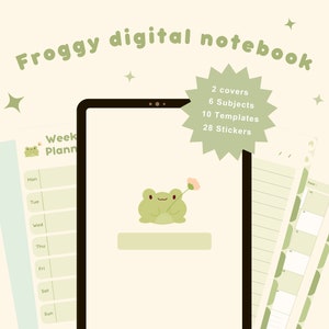 Cute Frog Digital Planner | Goodnotes | Notabilidade | Retrato | Modelos mensais semanais diários | Diário | Caderno | Adesivos de sapo | Kawaii