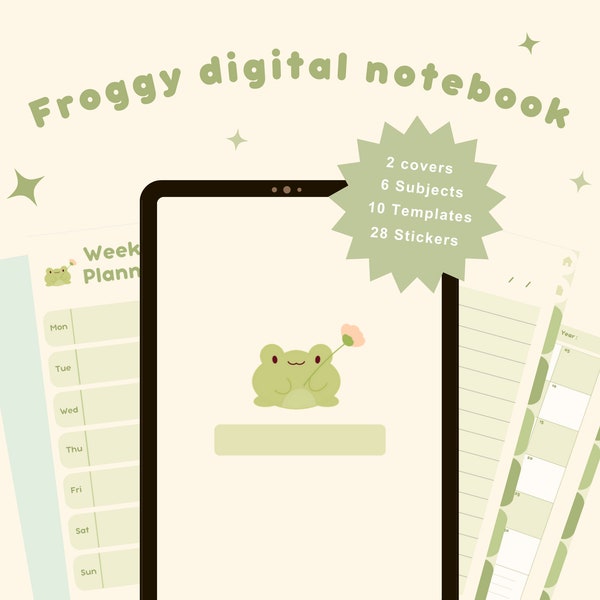 Cute Frog Digital Planner | Goodnotes | Notability | Monthly Weekly Daily Templates |  | Journal Planner | Notebook | Frog Stickers | Kawaii