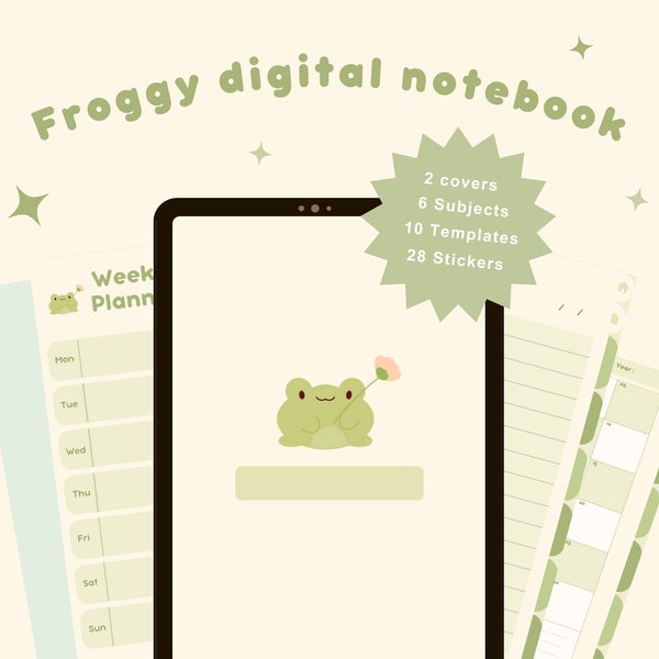 Süßer Frosch Digitaler Planer | Goodnotes | Bekanntheit | Monatliche, wöchentliche, tägliche Vorlagen | | Journalplaner | Notizbuch | Froschaufkleber | Kawaii