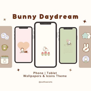 Op de afbeelding: Een digitaal kunstontwerp met het thema "Bunny Daydream". De afbeelding toont telefoon- en tabletachtergronden en pictogrammen met konijnenillustraties. Het ontwerp bevat een kalender, een hart en een konijn op een fiets. De tekst luidt "Phone | Tablet Wallpapers & Icons Theme".