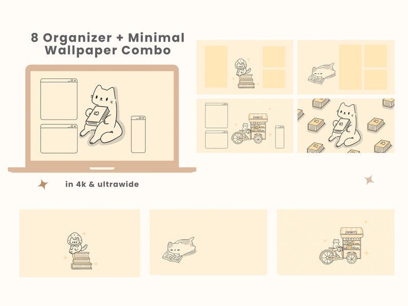Lindos fondos de pantalla y íconos de gato para escritorio, tema de libro / MAC OS / PC con Windows / Android / iPhone / Estética japonesa / Kawaii / Organizador de fondos de pantalla imagen 3