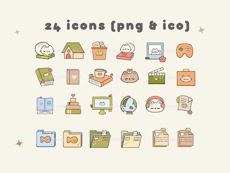 Lindos fondos de pantalla y íconos de gato para escritorio, tema de libro / MAC OS / PC con Windows / Android / iPhone / Estética japonesa / Kawaii / Organizador de fondos de pantalla imagen 2