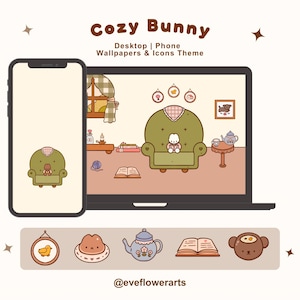 May include: A digital art theme featuring a cozy bunny design. The image shows a smartphone and laptop displaying the theme, with a living room scene. Additional icons include a duck, hat, teapot, book, and a bunny face.