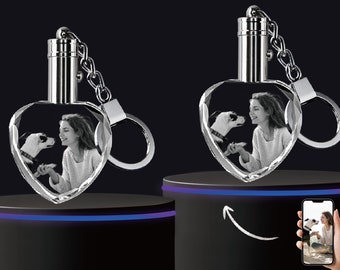 Set of 2 Keychains, Personalized Crystal Photo Keychain With LED Light,  Laser Etched Glass Picture, Custom Gift for Family