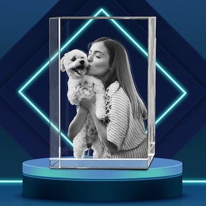 3D Crystal With LED Light Base, Custom Cat Portrait, Laser Engraved Photo, Unique Gift for Dog Lovers