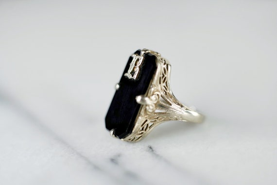 Engagement Ring 1920s Deco 14K White Gold Onyx Ri… - image 1