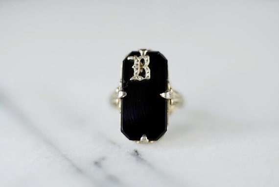 Engagement Ring 1920s Deco 14K White Gold Onyx Ri… - image 3