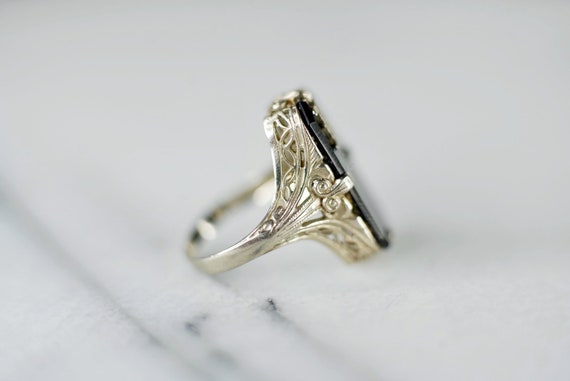 Engagement Ring 1920s Deco 14K White Gold Onyx Ri… - image 5