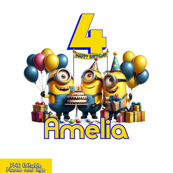 2 Editable Minions PNG High Quality, Minions Birthday PNG, Editable Name and Age, Custom Name and Age, For T-Shirts, Posters and More