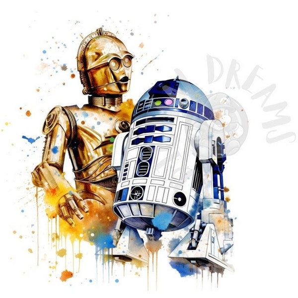 Set of 8 Watercolor R2-D2 and C-3PO Digital Images for Printing, T-Shirts, Posters, and More - JPEG, PNG, PDF