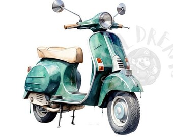 Set of 7 Watercolor Classic Vespa Digital Images for Printing, T-Shirts, Posters, and More - JPEG, PNG, PDF