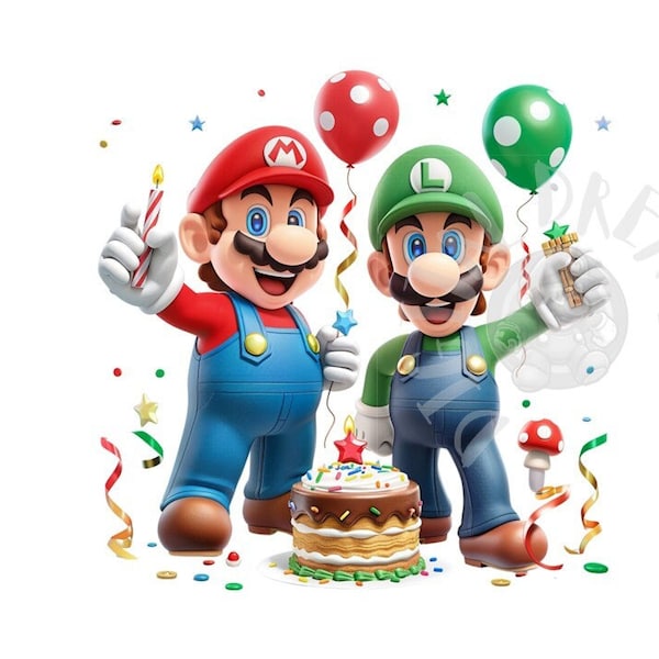 Set of 8 Mario Bros & Luigi Birthday Digital Images for Printing, T-Shirts, Posters, and More - JPEG, PNG, PDF