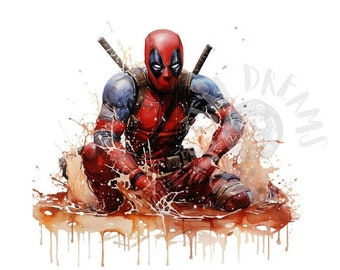 Set of 8 Watercolor Deadpool Digital Images for Printing, Custom T-Shirts, Posters, Invitations, and More - JPEG, PNG, PDF