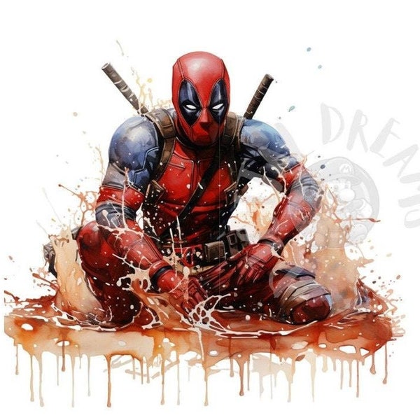 Set of 8 Watercolor Deadpool Digital Images for Printing, Custom T-Shirts, Posters, Invitations, and More - JPEG, PNG, PDF