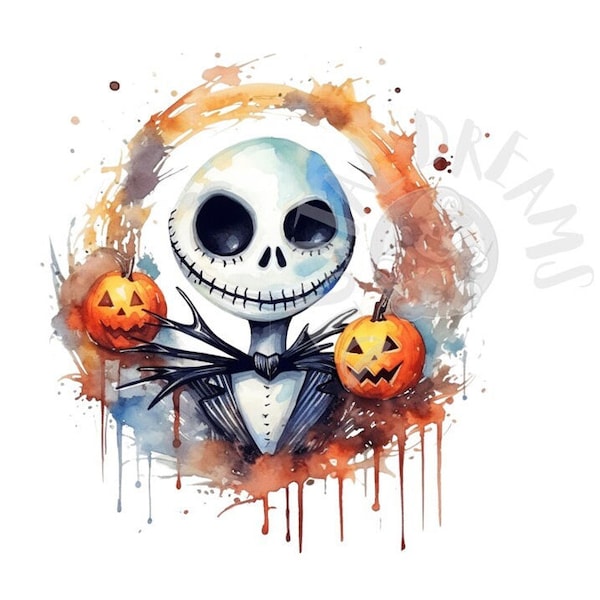 Ensemble de 7 images numériques d’Halloween Jack Skellington aquarelle pour T-shirts, affiches, cartes et plus encore - JPEG, PNG, PDF