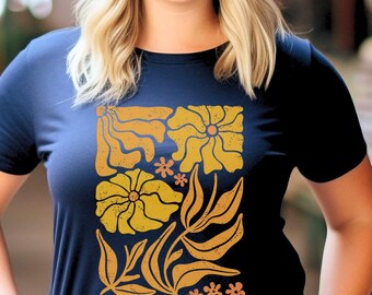 Camiseta bohemia con flores doradas: camiseta azul marino con flores silvestres