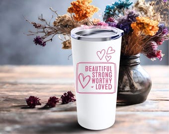 Hermoso vaso de viaje de 20 oz con la frase "Fuerte, digno y amado", regalo para ella, apoyo y estímulo, cuidado personal, regalo basado en la fe