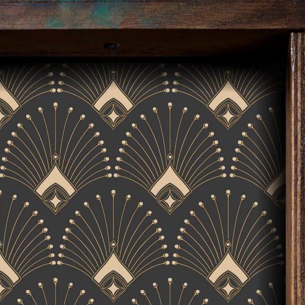 Gold Art Deco Fan Drawer Liner, Peel and Stick or Paper shelf liner contact paper for drawers, Vintage Contact Paper, Geometric Shelf Liner