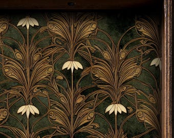 Mosgroene art nouveau ladevoering, Peel and Stick of Paper plankvoering contactpapier voor laden, vintage contactpapier