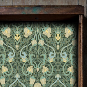 Schubladeneinlage Jugendstil Schälen und Aufkleben für Möbel, Schubladeneinlage aus Stoff mit meliertem und aufkleben von Salbei