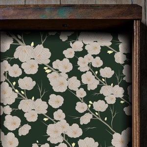 Dark Green Floral Peel and Stick drawer liner for furniture, adhesive fabric contact paper peel and stick, decorative drawer liner