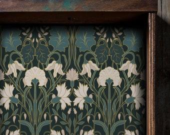 Green Art Nouveau Peel and Stick fabric drawer liner for furniture, adhesive fabric shelf liner peel and stick, decorative drawer liner