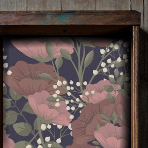 Maroon Floral Peel and Stick fabric drawer liner for furniture, adhesive fabric shelf liner peel and stick contact paper drawer liner fabric