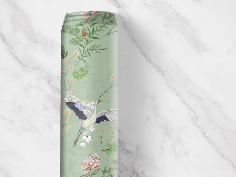 Green Crane Chinoiserie Drawer Liner, Peel and Stick or Paper shelf liner contact paper for drawers, Vintage Chinoiserie Contact Paper image 9