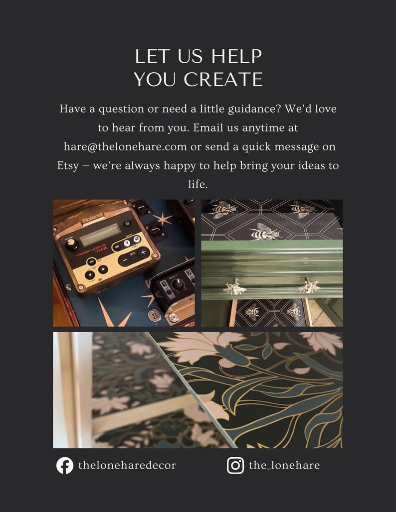 Collage showing drawer lining projects using floral and botanical vintage contact paper. Features contact information for The Lone Hare and inspiration for refinished furniture and home décor. Perfect examples of vintage shelf liner and retro contact paper in use, ideal for drawers, shelves, or accent details that elevate antique and modern interiors alike.