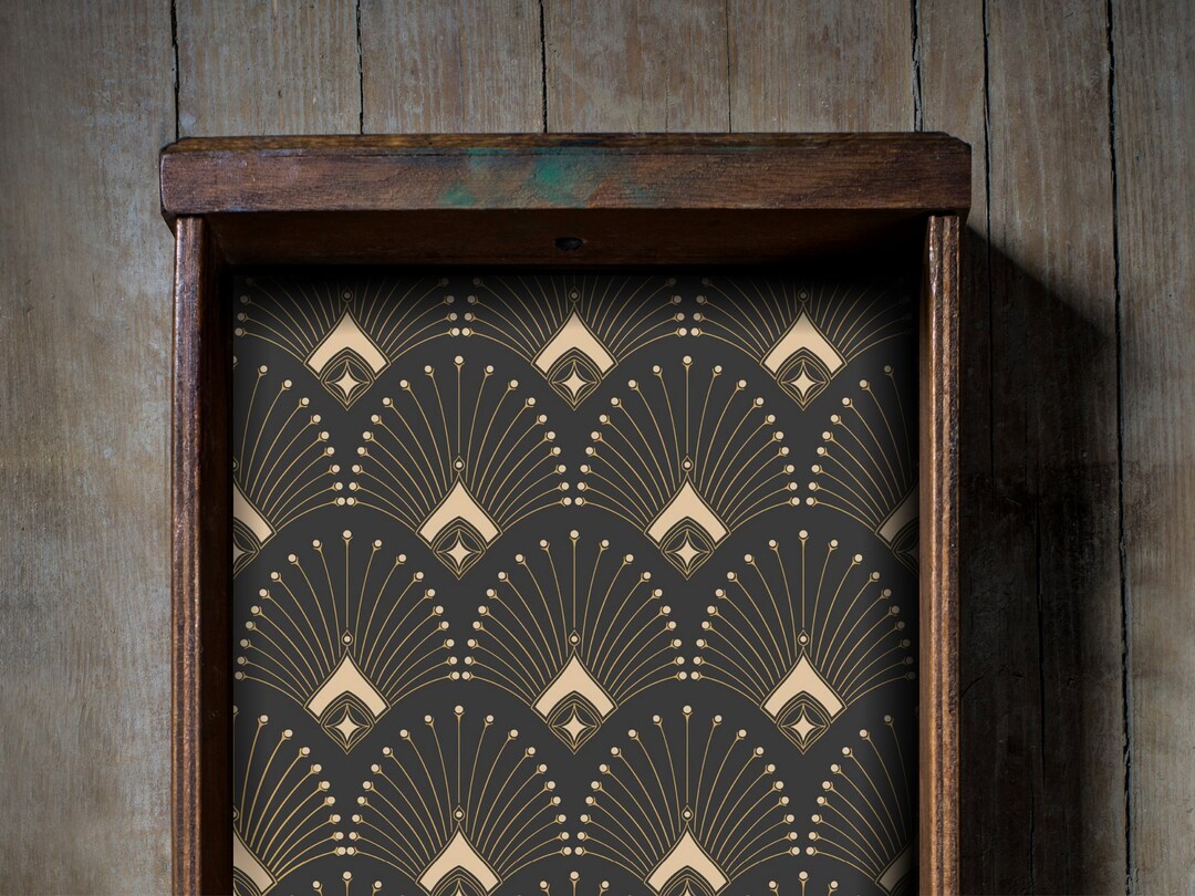 Art Deco Gold Fan Peel and Stick Fabric Drawer Liner for Furniture