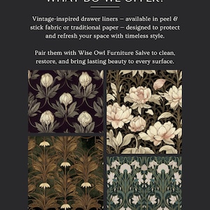 Four floral designs of vintage contact paper for drawers in rich, nature-inspired patterns. A collection of vintage shelf liner and vintage drawer liner styles crafted in peel and stick fabric and paper finishes. Perfect for updating furniture interiors, lining shelves, or adding botanical elegance to antique décor. Timeless retro contact paper that enhances drawers and cabinets with lasting charm and art nouveau style.