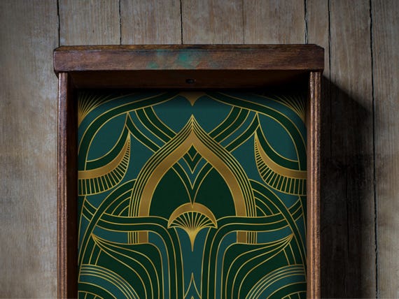 Geometric Green Art Deco Drawer Liner, Peel and Stick or Paper shelf liner contact paper for drawers, Vintage Contact Paper, Shelf Liner