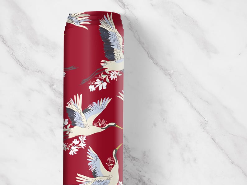 Red Crane Chinoiserie Drawer Liner, Peel and Stick or Paper shelf liner contact paper for drawers, Vintage Chinoiserie Contact Paper image 5