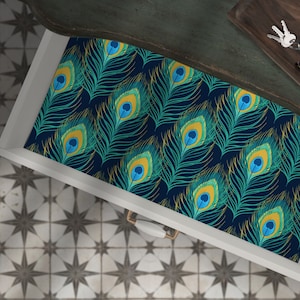 Art Deco Peacock Feather Peel and Stick fabric drawer liner for furniture, unscented adhesive fabric shelf liner, decorative drawer liner