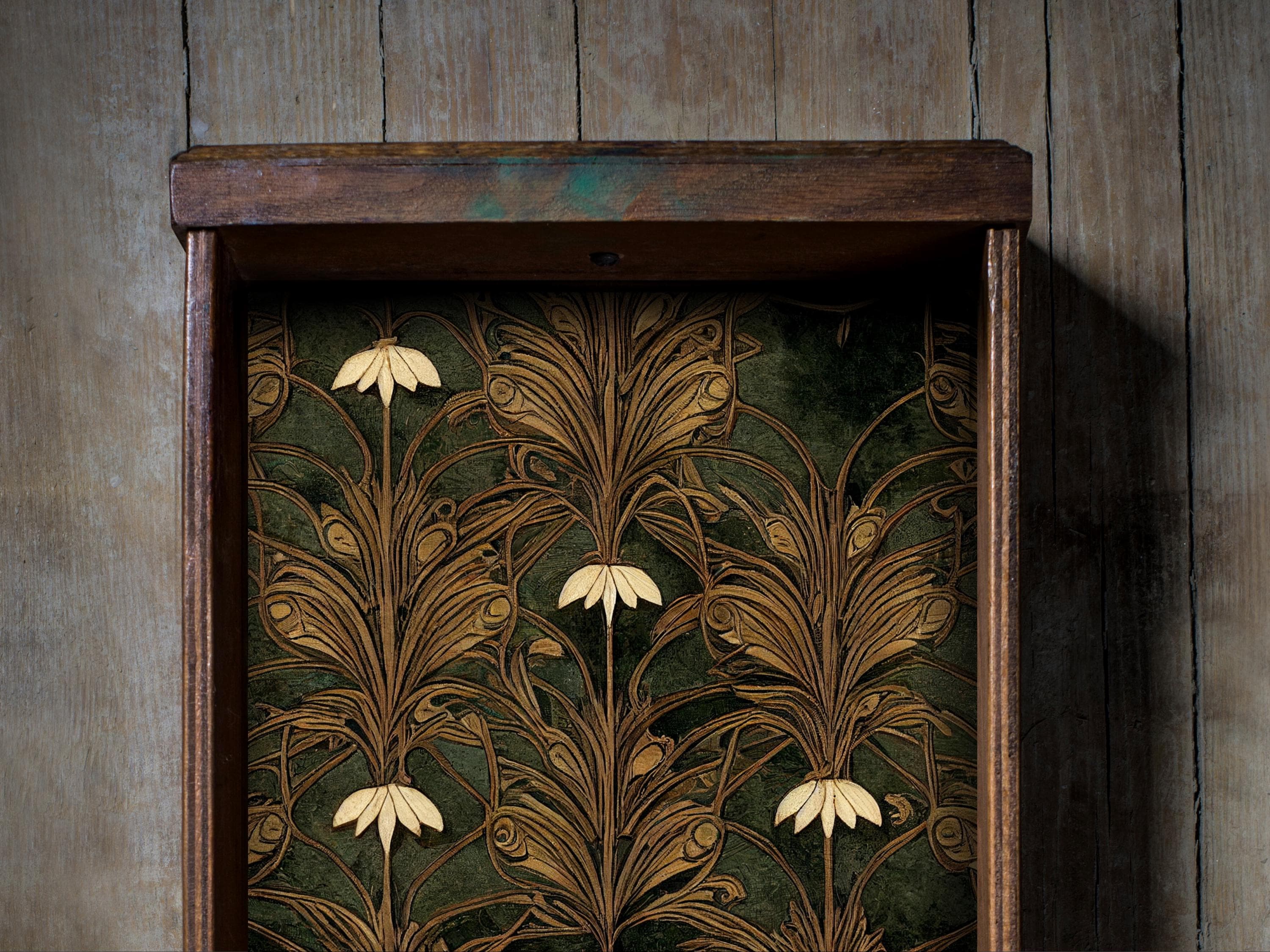 Moss Green Art Nouveau Peel and Stick drawer liner for furniture, green shelf liner for drawers, art nouveau contact paper peel and stick