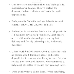 Informational FAQ about vintage drawer liner and vintage contact paper products by The Lone Hare. Details liner widths, available lengths, cleaning care, and surface preparation tips. Perfect for customers searching for durable, high-quality vintage shelf liner, peel and stick retro contact paper, or elegant wallpaper-style liners for drawers, cabinets, and home décor use.
