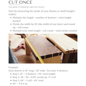 Person measuring a wooden drawer to determine the right amount of vintage contact paper needed. Educational image from The Lone Hare showing how to size vintage drawer liners and vintage shelf liners for drawers or shelves. Ideal for home DIY, refinishing, or cabinet upgrades. Retro contact paper installation made simple — measure accurately for a polished, professional finish in any room.
