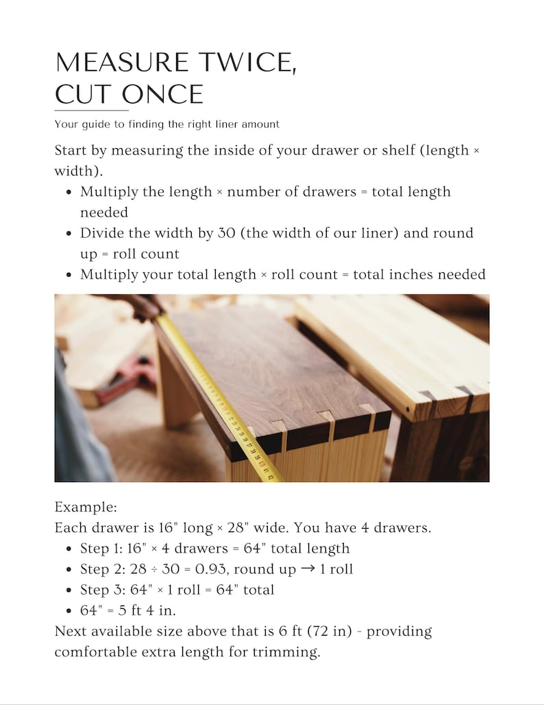 Person measuring a wooden drawer to determine the right amount of vintage contact paper needed. Educational image from The Lone Hare showing how to size vintage drawer liners and vintage shelf liners for drawers or shelves. Ideal for home DIY, refinishing, or cabinet upgrades. Retro contact paper installation made simple — measure accurately for a polished, professional finish in any room.