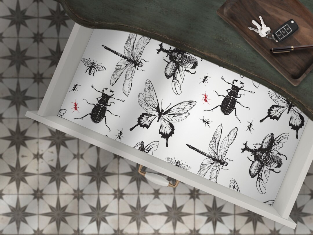 Black and White Peel and Stick Fabric Drawer Liner for Furniture, Peel