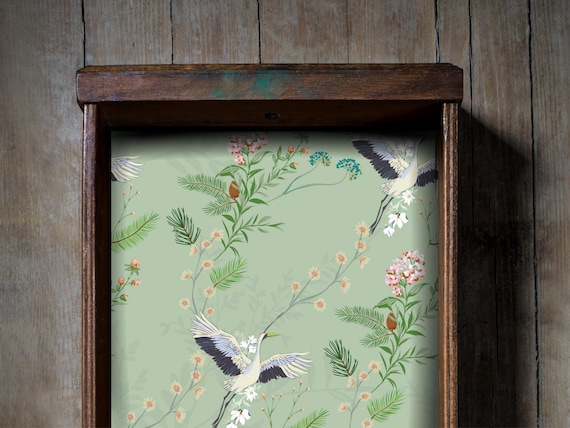 Green Crane Chinoiserie Drawer Liner, Peel and Stick or Paper shelf liner contact paper for drawers, Vintage Chinoiserie Contact Paper