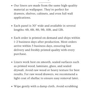 Informational guide from The Lone Hare explaining how to use vintage contact paper and vintage drawer liners. Includes details on liner sizes, widths, and care instructions. Perfect for buyers searching for premium vintage shelf liner or peel and stick retro contact paper. Designed for drawers, cabinets, and shelves, these liners offer a stylish, durable solution for furniture restoration or interior decorating.