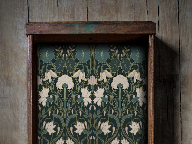Green Art Nouveau Peel and Stick fabric drawer liner for furniture, adhesive fabric shelf liner peel and stick, decorative drawer liner